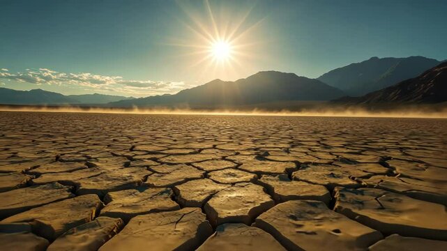 A serene desert landscape with cracked earth under a glowing sun.