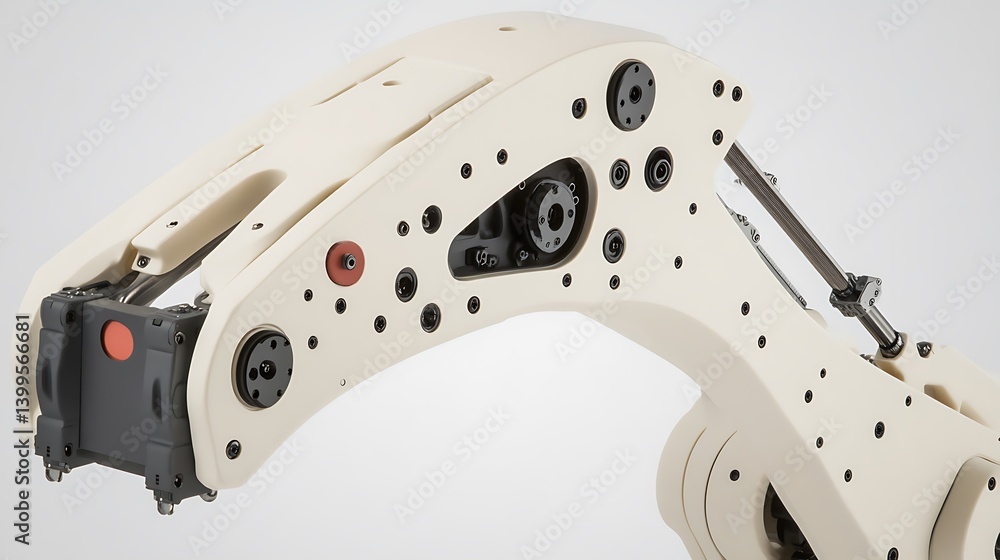 Poster close-up of robotic arm components. complex mechanical arm structure, showing internal mechanisms an