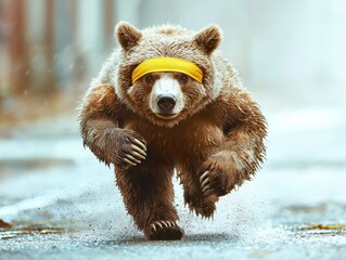 A brown bear with a yellow headband is depicted running forward on a wet surface, showcasing power and determination.