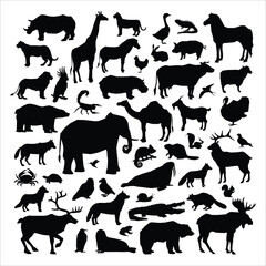 Extensive Animal Silhouettes Collection - Featuring Diverse Wildlife, Domestic Animals, and Birds for Illustrations, Logos, and Nature-Themed Projects