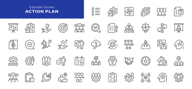 Action plan line icon set. Planning, strategy, collaboration, analysis, tasks, schedule, goal and more. Outline vector icon in linear style. Series of pictograms.	