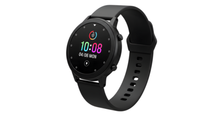 Modern black digital smart watch with a transparent background