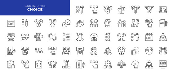 Choice line icon set. Pick, selection, option, checkmark, cross, decision, choose and more. Outline vector icons in linear style. Pictogram collection	