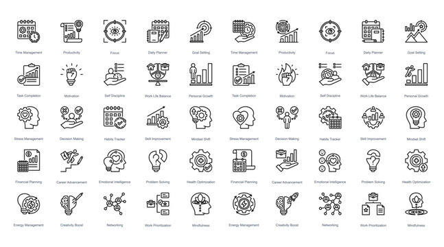 Boost your workflow and personal mastery with this cohesive icon set for time, habits, balance, and growth strategies.