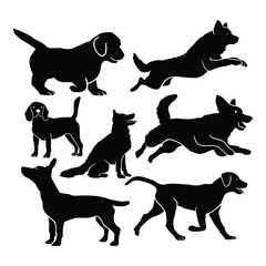 Playful Dog Silhouettes Collection – Ideal for Illustrations, Logos, and Pet-Themed Projects Featuring Various Canine Poses and Styles in Artistic Vector Format