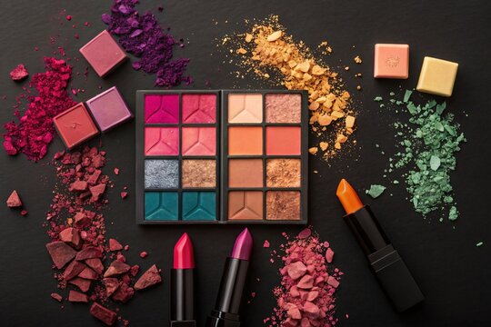 Makeup product shot with eyeshadow palette loose shadow and lipsticks on black background