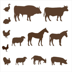 Farm Animal Silhouettes Collection - Featuring Cow, Horse, Sheep, Pig, Chicken, Duck, and Rabbit Shapes for Illustrations and Agricultural Themes