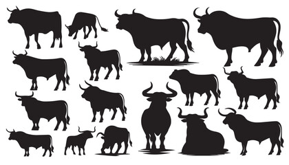 A collection of silhouette cattle designs featuring cows, calves, and bulls. Ideal for farm logos, agricultural graphics, and rustic vector illustrations. Fully editable and versatile.