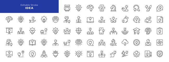  Idea line icon set. Business idea, creative idea, glowing light bulb and more. Outline vector icon in linear style. Pictogram collection	