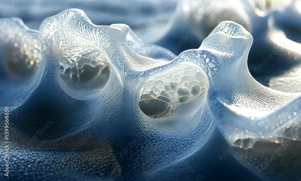 Poster macro view of organic transparent structure with intricate details and interconnected cavities