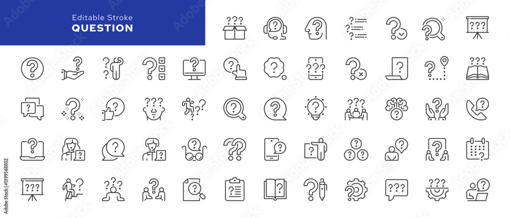 Poster question line icon set. problem, confusion, asking and questioning, question mark, survey and more. 
