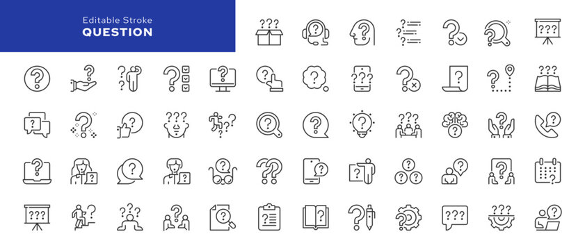 Question line icon set. Problem, confusion, asking and questioning, question mark, survey and more. Outline vector icon in linear style. Series of pictograms.	