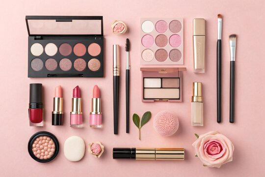 Pink toned cosmetic products flat lay with brushes lipsticks palettes and blush