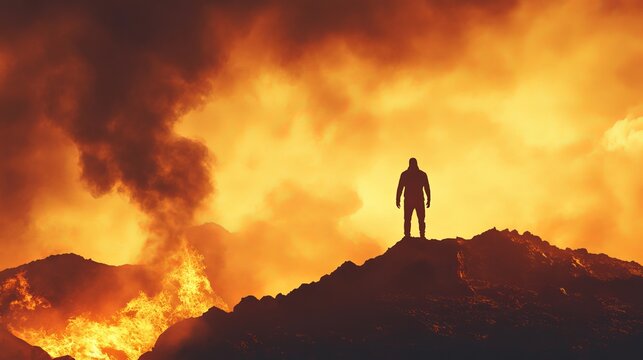 Silhouette of a person standing on a hill with fire and smoke in the background at sunset time