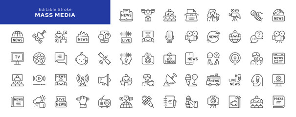  Mass media and journalism line icon set. TV show, program, news, report, video and interview and more. Outline vector icon in linear style. Series of pictograms.