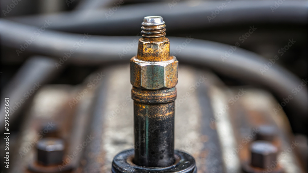 Poster close up view of engine component showcasing spark plug with metallic finish. this represents concep