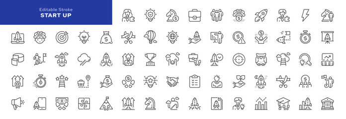 Start up line icon set. Starting a business, career, marketing, financial start, personal growth, development, motivation, achievement. Outline vector icon in linear style. Series of pictograms.	