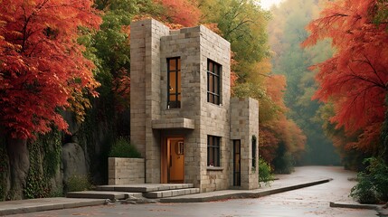 Modern stone house surrounded by vibrant fall foliage in tranquil woodland setting