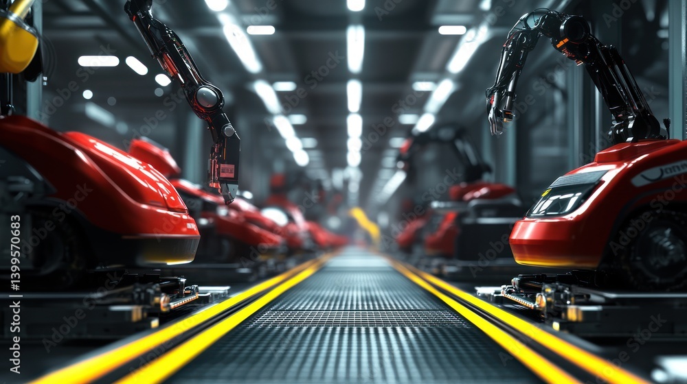 Poster automated manufacturing line: robotic arms assembling products in a modern factory