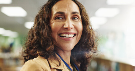 Portrait, teacher and woman with smile, confident and curriculum for knowledge in elementary and education. School, educator and mature person with joy for career growth, happy and academy in USA