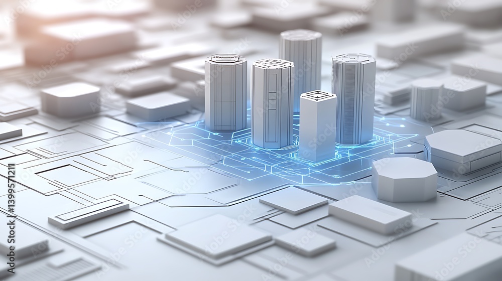 Poster futuristic city model on a digital circuit board. a 3d rendering showing a modern city layout with t