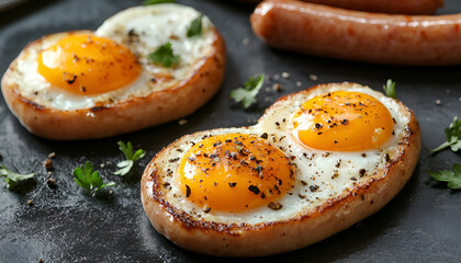 Delicious breakfast with heart shaped fried eggs and sausages on dark gray table