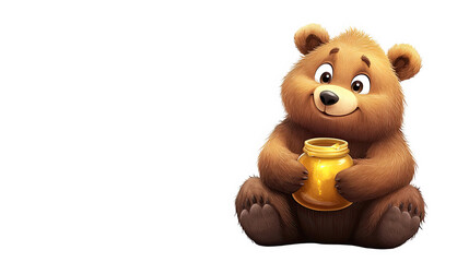 Fototapeta premium Cute Brown Cartoon Bear Holding Honey Pot on Transparent Background