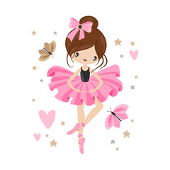 Ballerina girl in pink dress dancing on white background. Greeting card, print for children's clothes and textiles.
