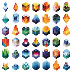 Colorful abstract cubes, various designs, geometric shapes, nature and fire elements, digital art collection