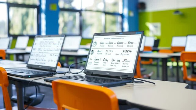 A classroom or computer lab setting with several laptops open on desks, facing away from the viewer, with orange chairs and large windows providing natural light.