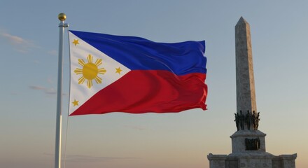 Philippine Flag Waving Proudly Beside a Monument at Sunset
