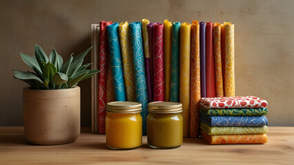 Colorful Fabric Rolls Stacked Textiles and Handmade Jars Creating a Cozy and Artistic Crafting Display