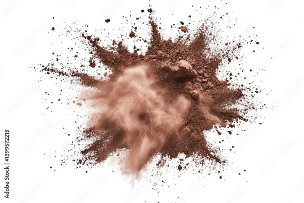 Poster burst of brown powder resembling cocoa or similar substances illustrating the dynamic motion of the 