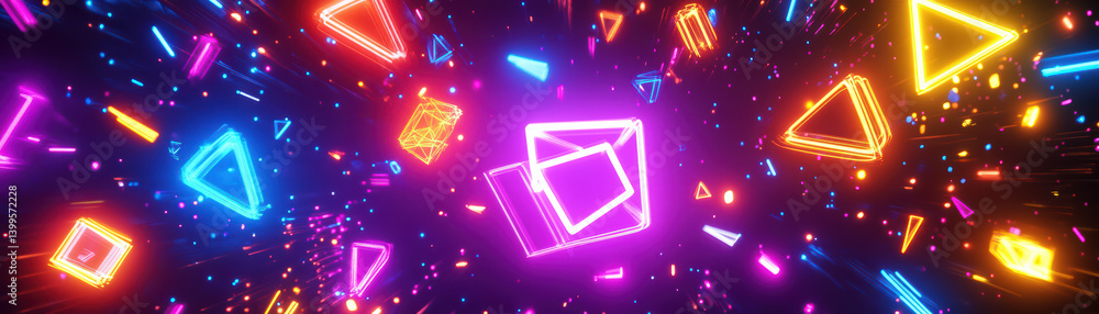 Poster neon shapes burst: vibrant neon shapes and numbers explode across a dark background in a dynamic and