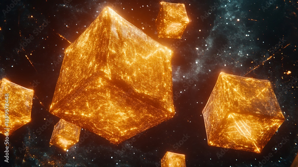 Poster golden cubes float in a swirling cosmic nebula. detailed, glowing cubes with fiery patterns
