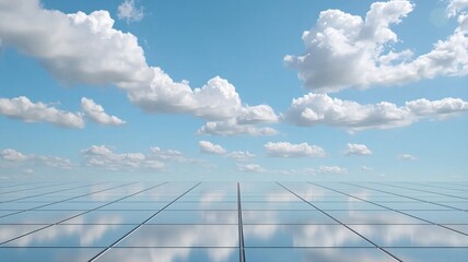 Fototapeta premium Open sky with clouds reflecting on a vast, shiny surface, creating an endless horizon illusion.