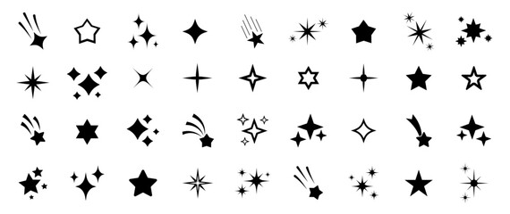 Stars icon collection. Different star shapes. Black stars icon set.  Sparkle star icon set. Vector illustration