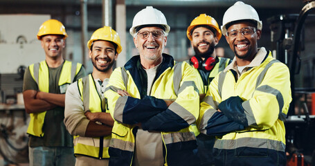 Portrait, group and construction worker with arms crossed, smile and men with helmet, safety and...