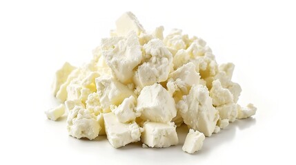 An appealing display of feta cheese is attractively presented. The feta cheese, a well - known Greek cheese, features white, creamy blocks