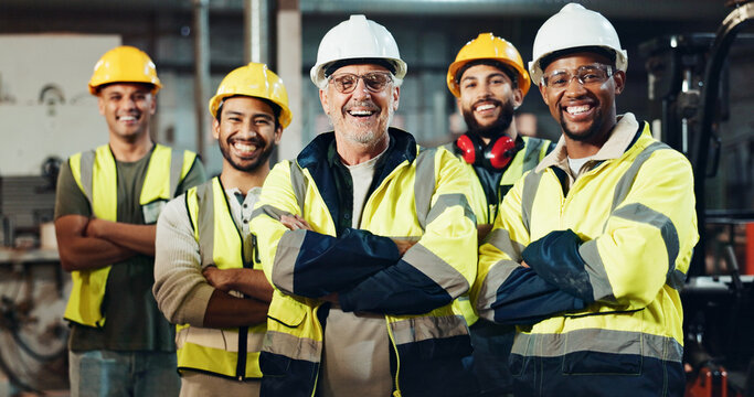 Portrait, group and construction worker with arms crossed, smile and men with helmet, safety and team. Business, employees and happy for collaboration in building, proud or people with project in USA
