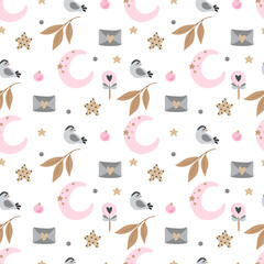 Seamless pattern with cute bird, romantic letter and other elements. Vector texture for textile, wrapping paper, wallpaper, t-shirt print