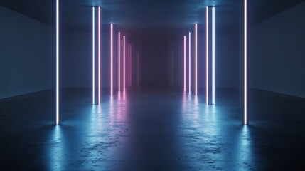 Neon corridor,  glowing vibrant lights, dark concrete interior, futuristic ambiance