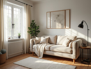 Cozy Scandinavian Living Room with Neutral Sofa, Wooden Floor and Morning Light – Minimalist Interior Inspiration