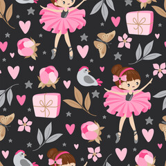 Seamless pattern with ballerina girls and romantic elements. Print on children's bed linen, clothes and wrapping paper.