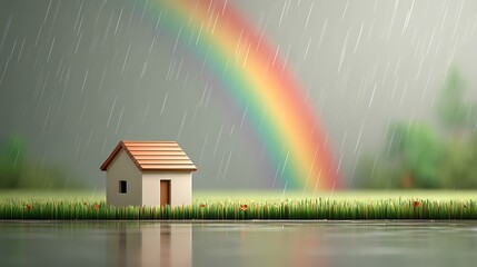 Small model house on wet grass with vibrant rainbow and rain in the background, tranquil scene of nature