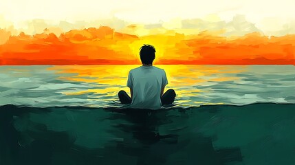 Fototapeta premium Serene Sunset Contemplation: Silhouette of an individual immersed in a moment of quiet reflection as the sun sets over the tranquil horizon.