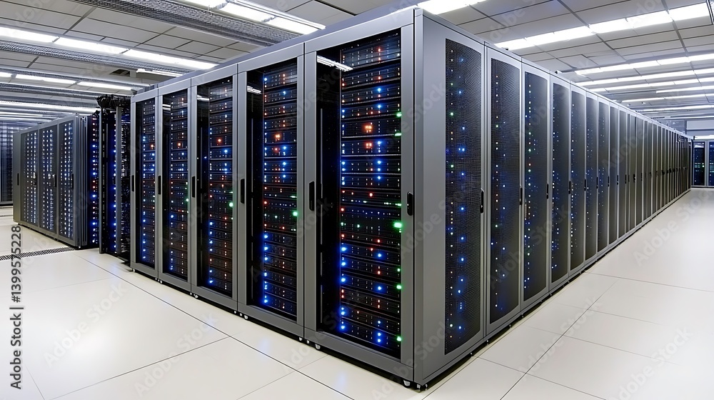 Poster server racks in a large data center. rows of metal server cabinets filled with computer hardware. mo