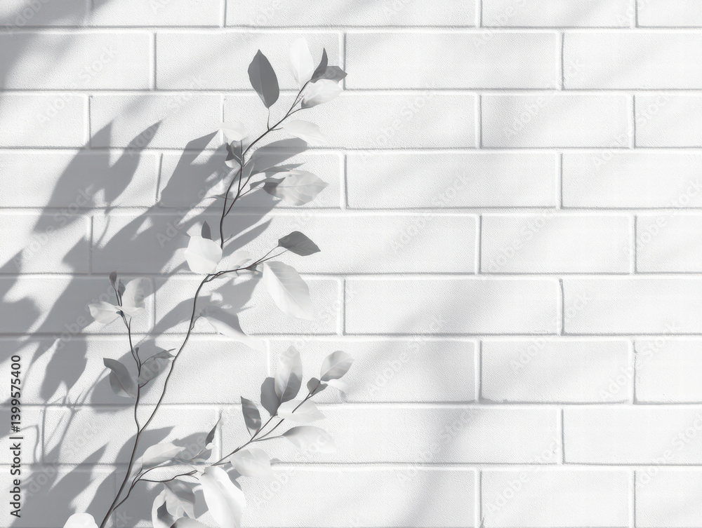 Poster shadow and serenity: a minimalist shot of a sprig of leaves casting a gentle shadow across a texture