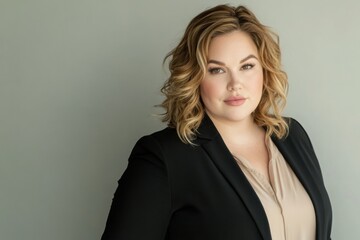 A professional woman in a black blazer and nude blouse with styled hair posing against a soft background