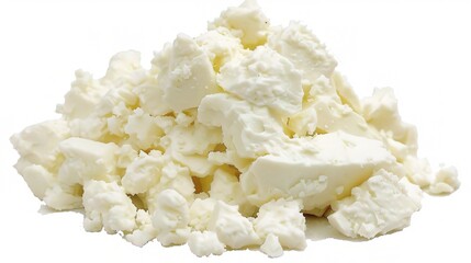 An appealing display of feta cheese is attractively presented. The feta cheese, a well - known Greek cheese, features white, creamy blocks